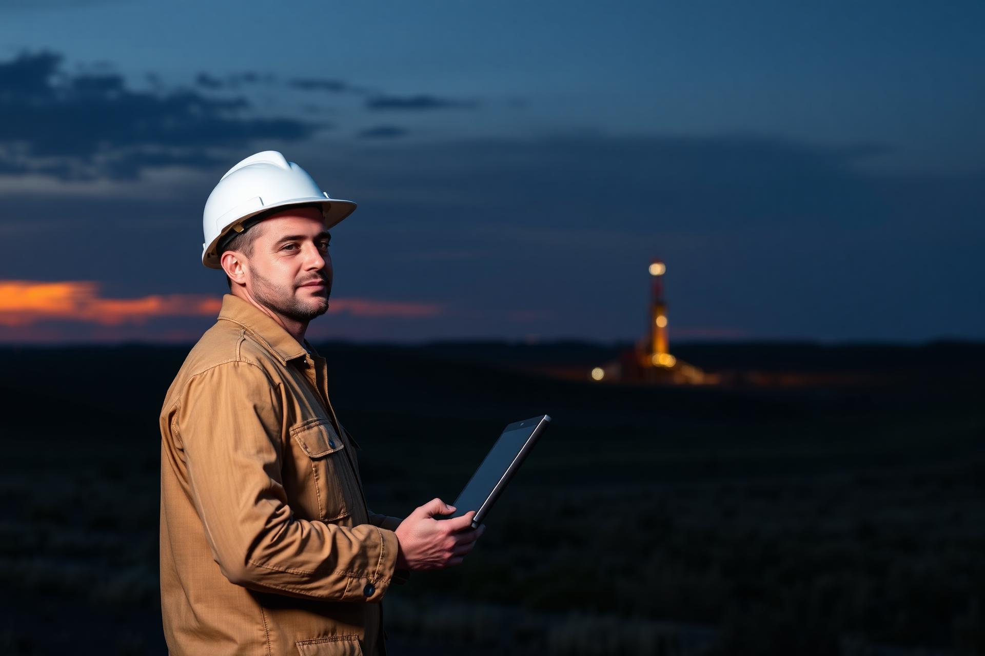 Tioga NRG field operator at dusk with drilling rig on the horizon